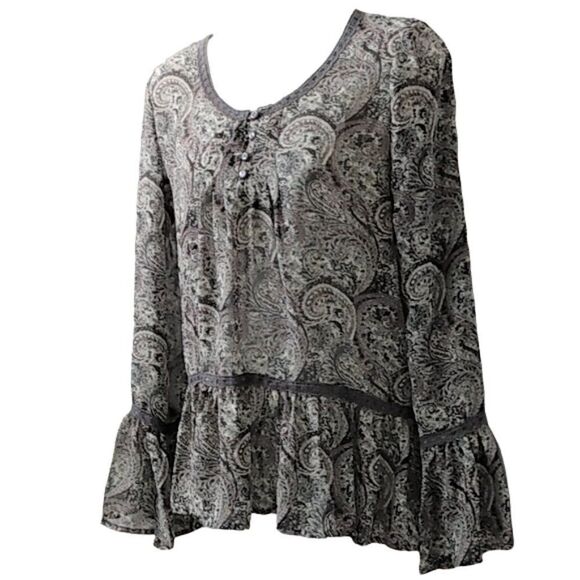 Charming Charlie Women's Sheer Gray Paisley Long Bell Sleeve Peplum Blouse Small - Picture 4 of 10